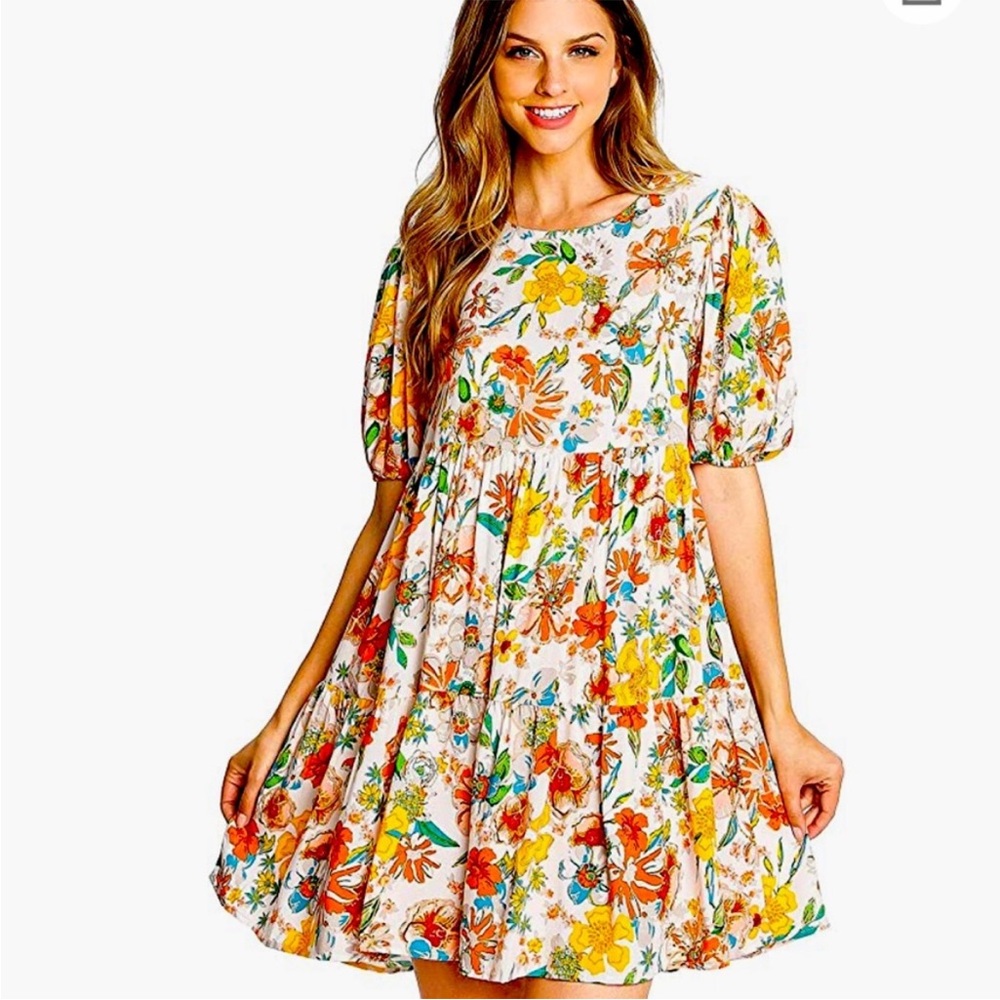 puff-sleeve tiered babydoll prairie summer dress boutique cottagecore milkmaid - Picture 1 of 15